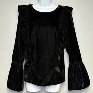 Amaryllis Romantic Regal Goth Ruffle Black‎ Velvet Bell Sleeve Top Womens Sz M